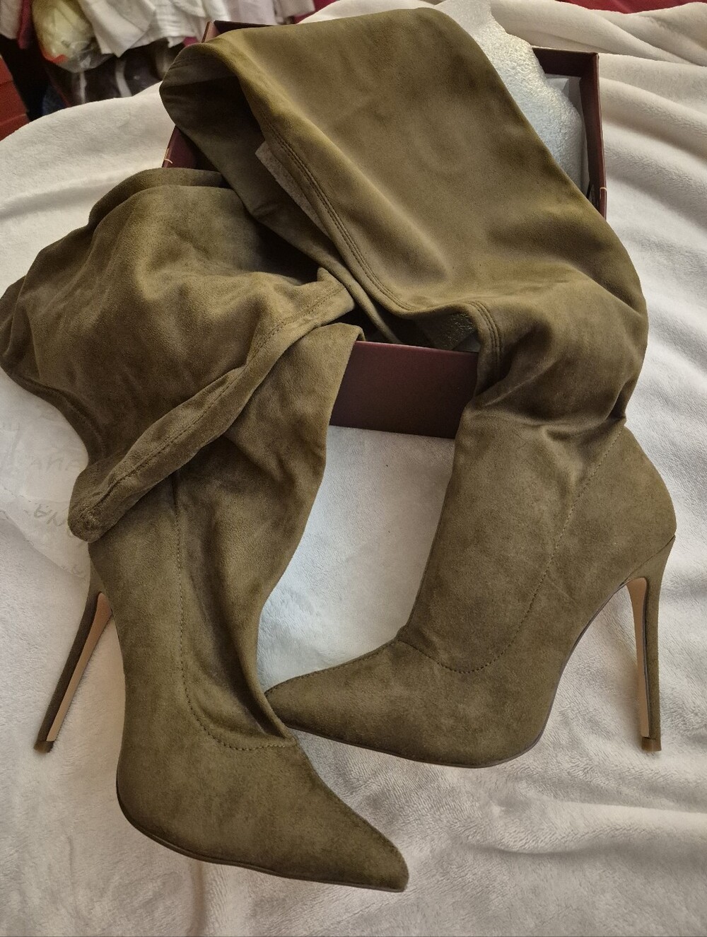 Over-the-Knee Suede Pointed Stiletto Boots in Olive